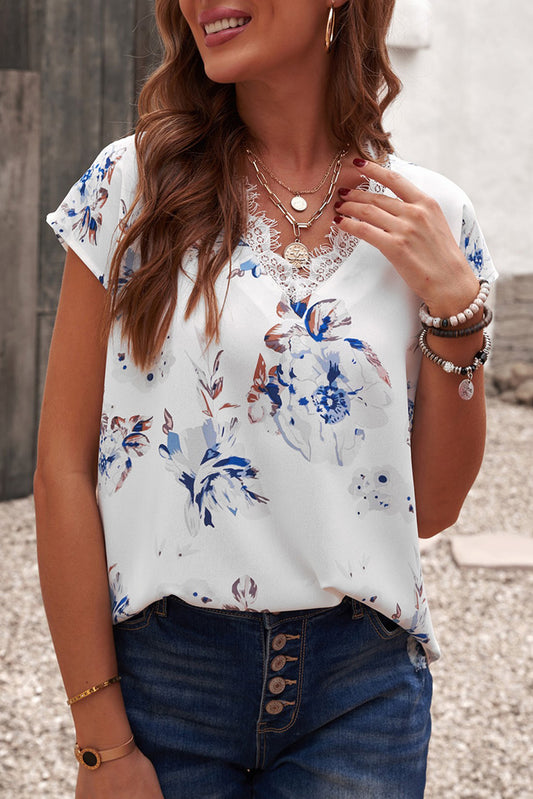 White White/Apricot Floral Scalloped V Neck Short Sleeves - LA Grand