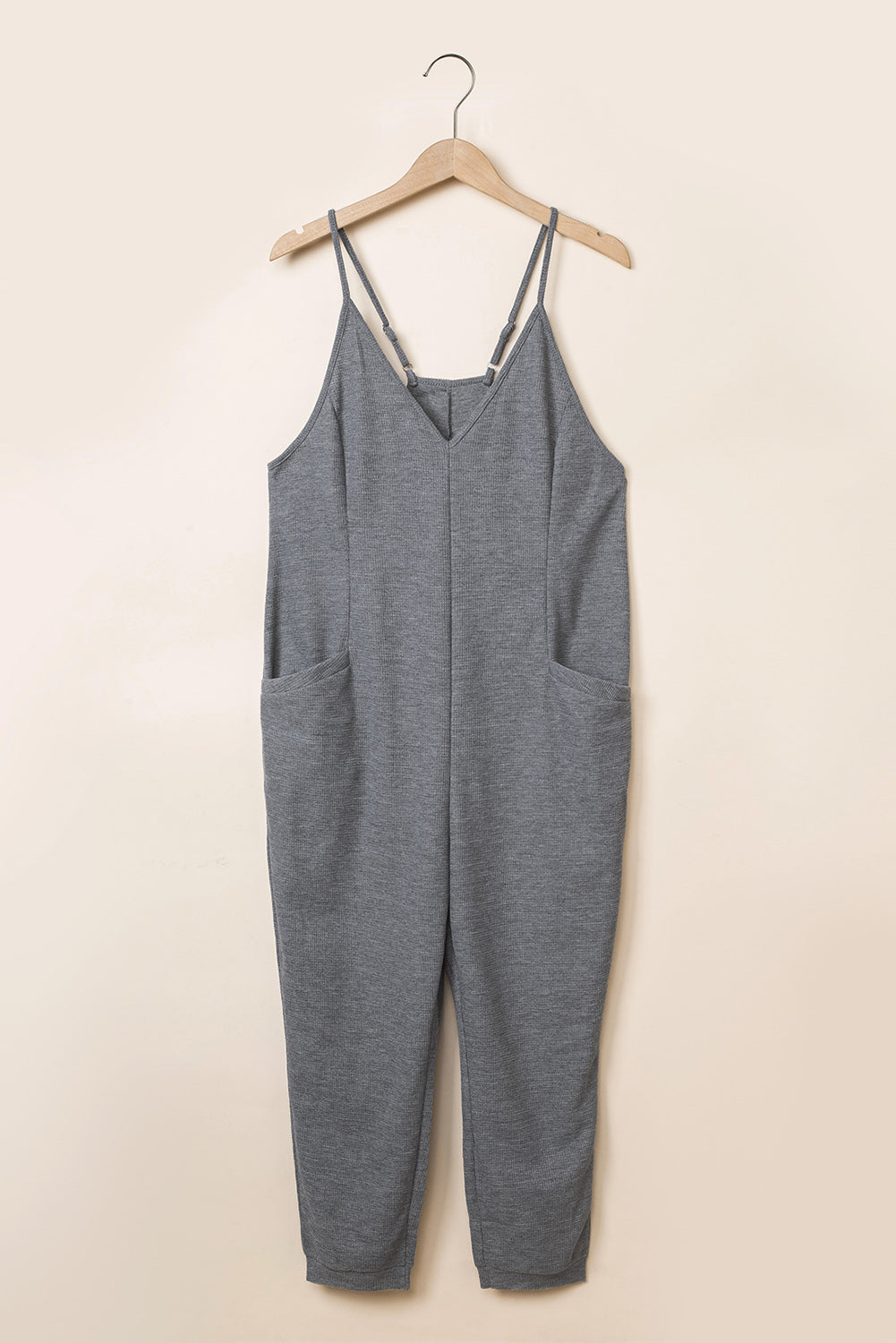 Blue Textured Sleeveless V-Neck Pocketed Casual Jumpsuit - LA Grand