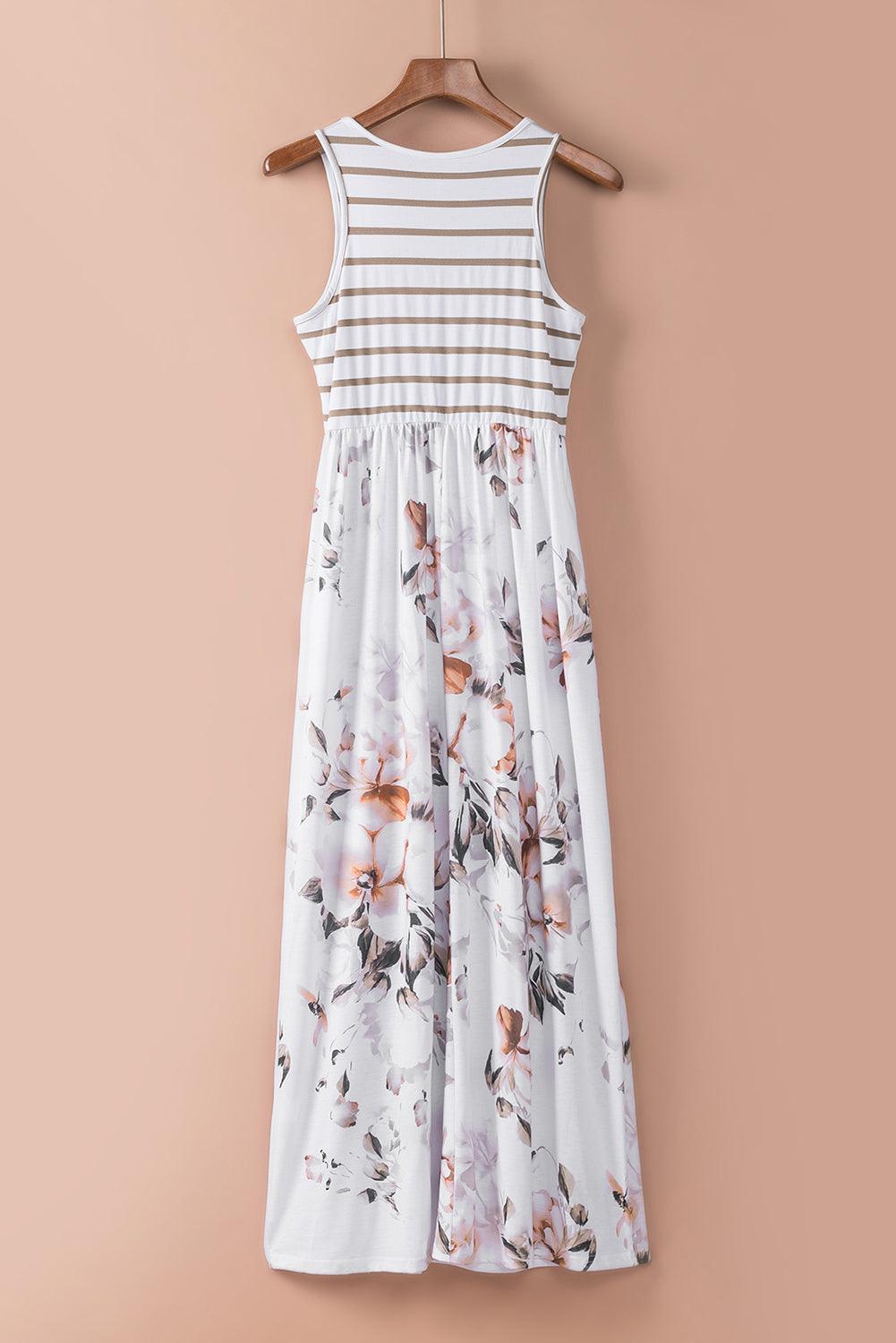 White Striped Floral Print Sleeveless Maxi Dress with Pocket - LA Grand