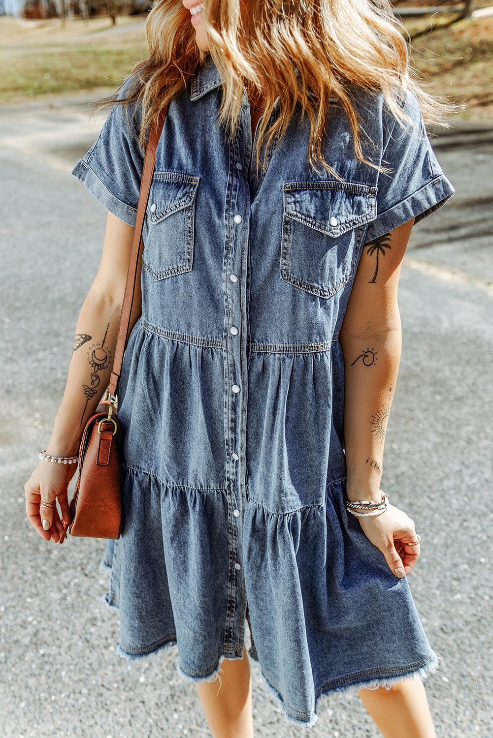 Frayed Pocket Button-Front Denim Mini Dress - LA Grand