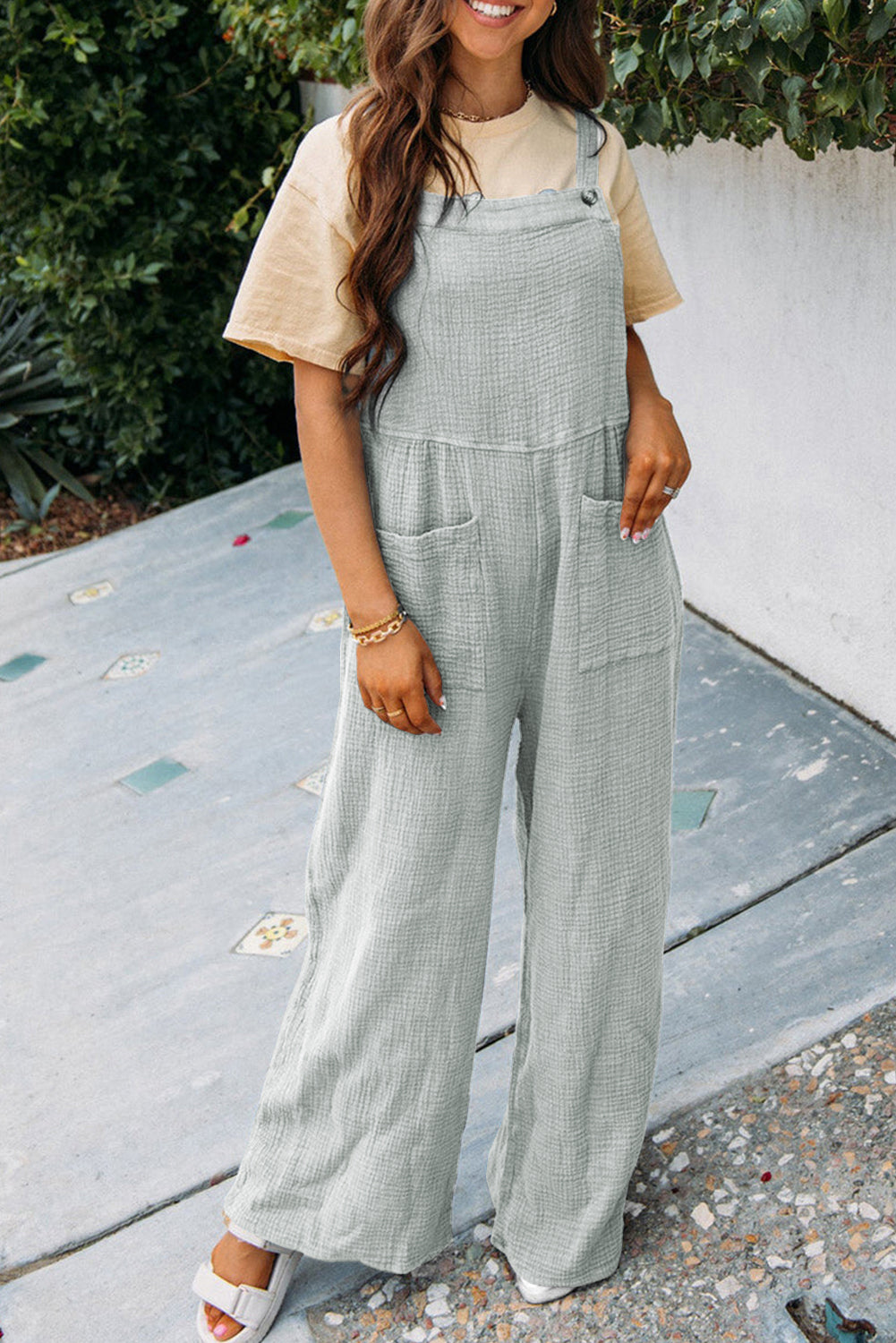 Gray Textured Wide Leg Overall with Pockets - LA Grand