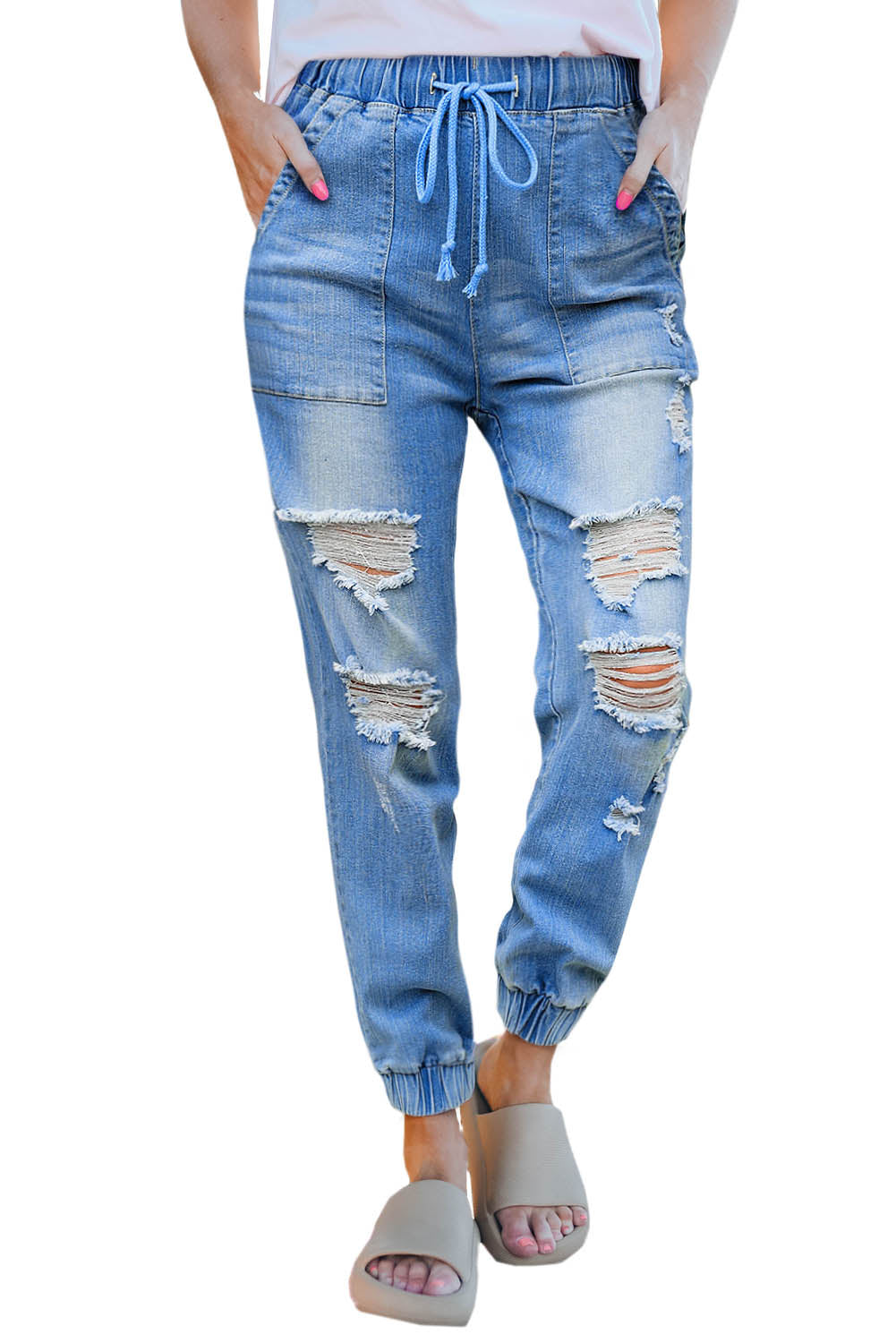 Blue Pocketed Distressed Denim Joggers - LA Grand