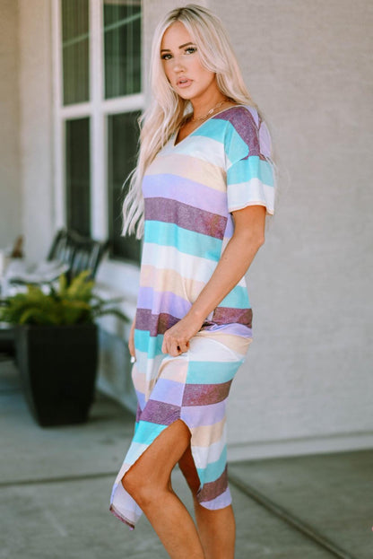 Striped Color Block V Neck T Shirt Midi Dress - LA Grand