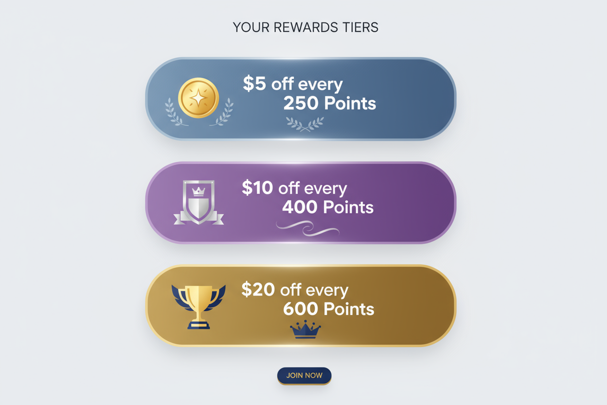 $5 off every 250 Points 
$10 off every 400 Points
$20 off every 600 Points