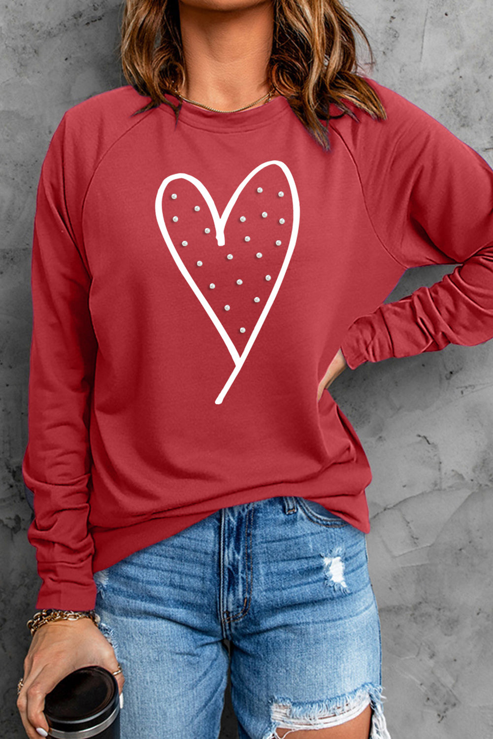 Red Valentine Heart Beaded Graphic Sweatshirt - LA Grand