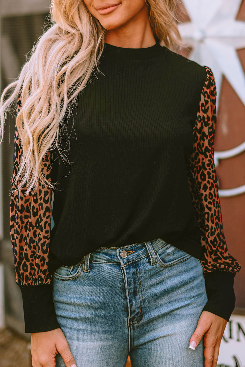 Apricot Leopard Print Long Sleeve Ribbed Knit Blouse - LA Grand