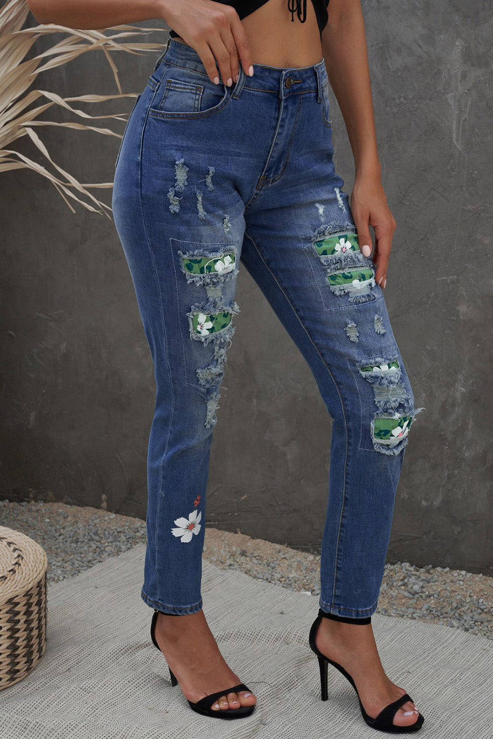 Sky Blue Floral Leopard Print Patchwork Distressed High Waist Jeans - LA Grand