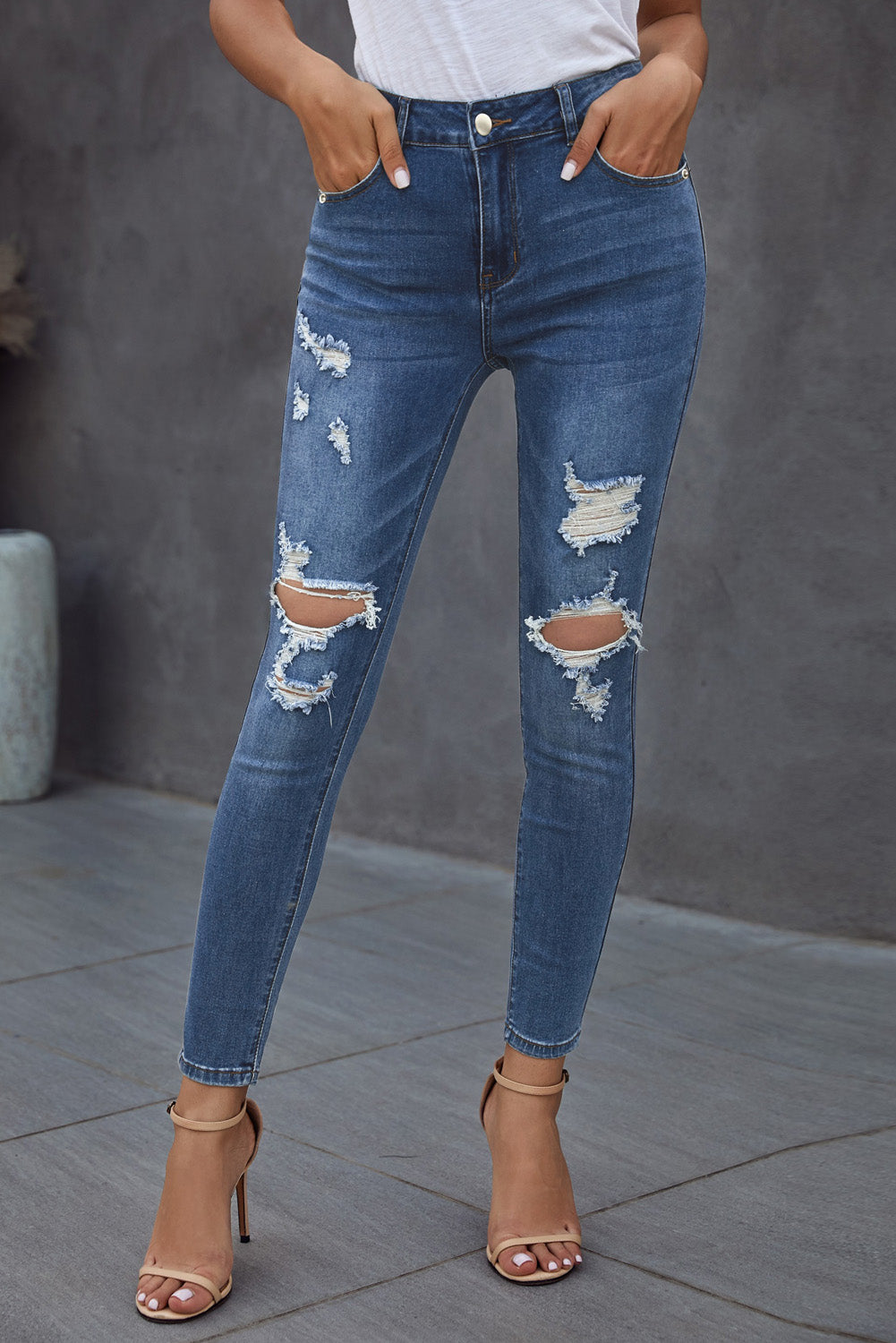 Blue Hollow Out Vintage Skinny Ripped Jeans - LA Grand