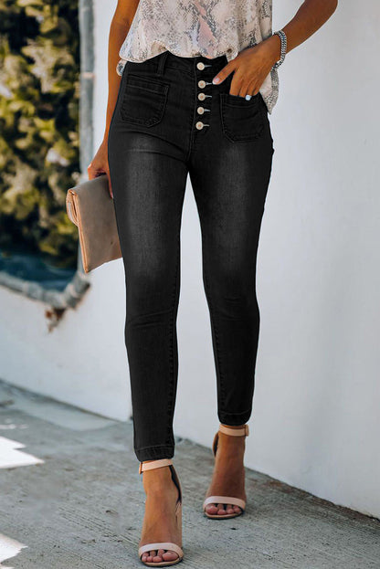 Dark Blue Button Fly Skinny Jeans with Pockets - LA Grand