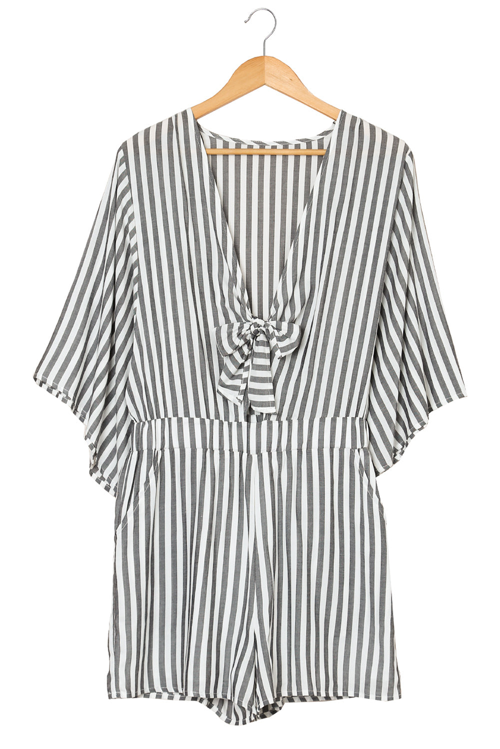 Gray 3/4 Wide Kimono Sleeves Tie Front Striped Romper with Pockets - LA Grand