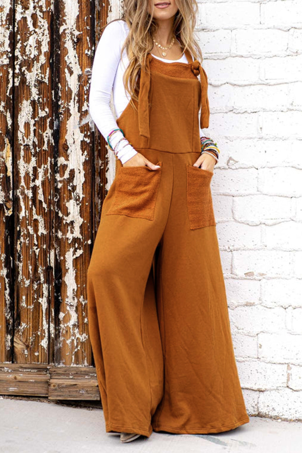 Brown Knotted Straps Patch Pocket Wide Leg Jumpsuit - LA Grand