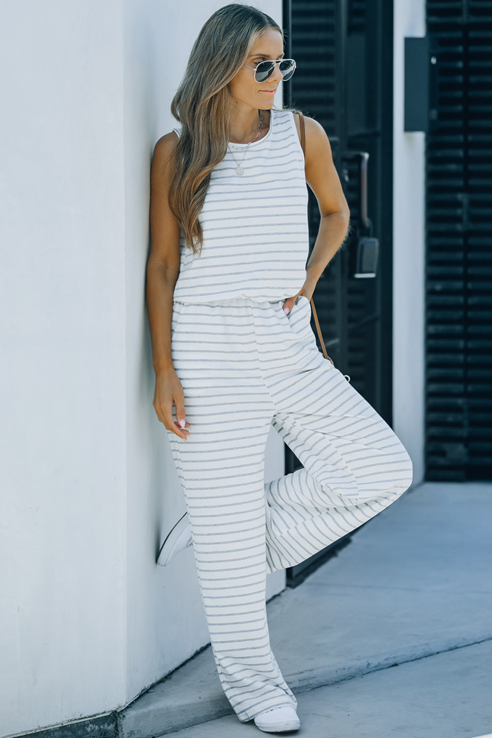 White Striped Print Pocketed Sleeveless Jumpsuit - LA Grand