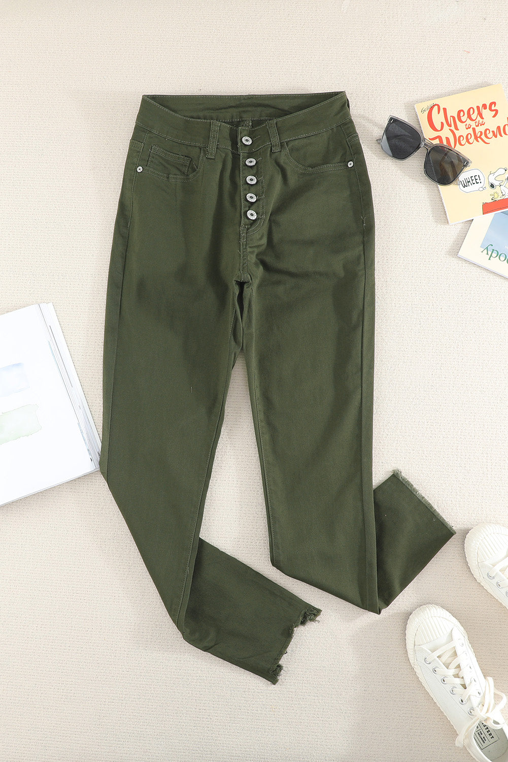 Green Plain High Waist Buttons Frayed Cropped Denim Jeans - LA Grand