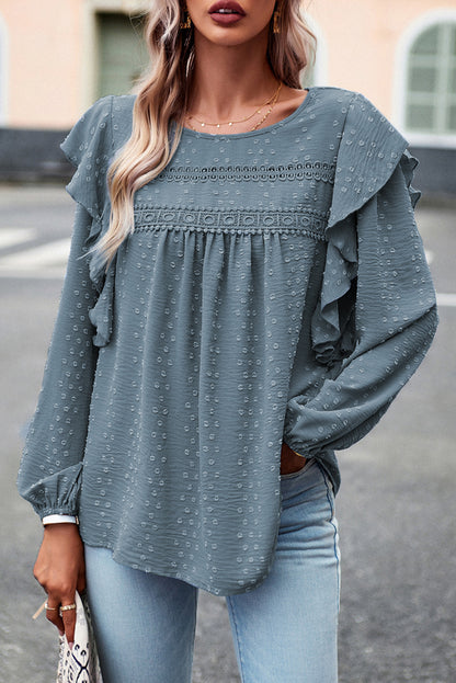 Sky Blue Lace Eyelet Ruffle Shoulder Long Sleeve Blouse - LA Grand