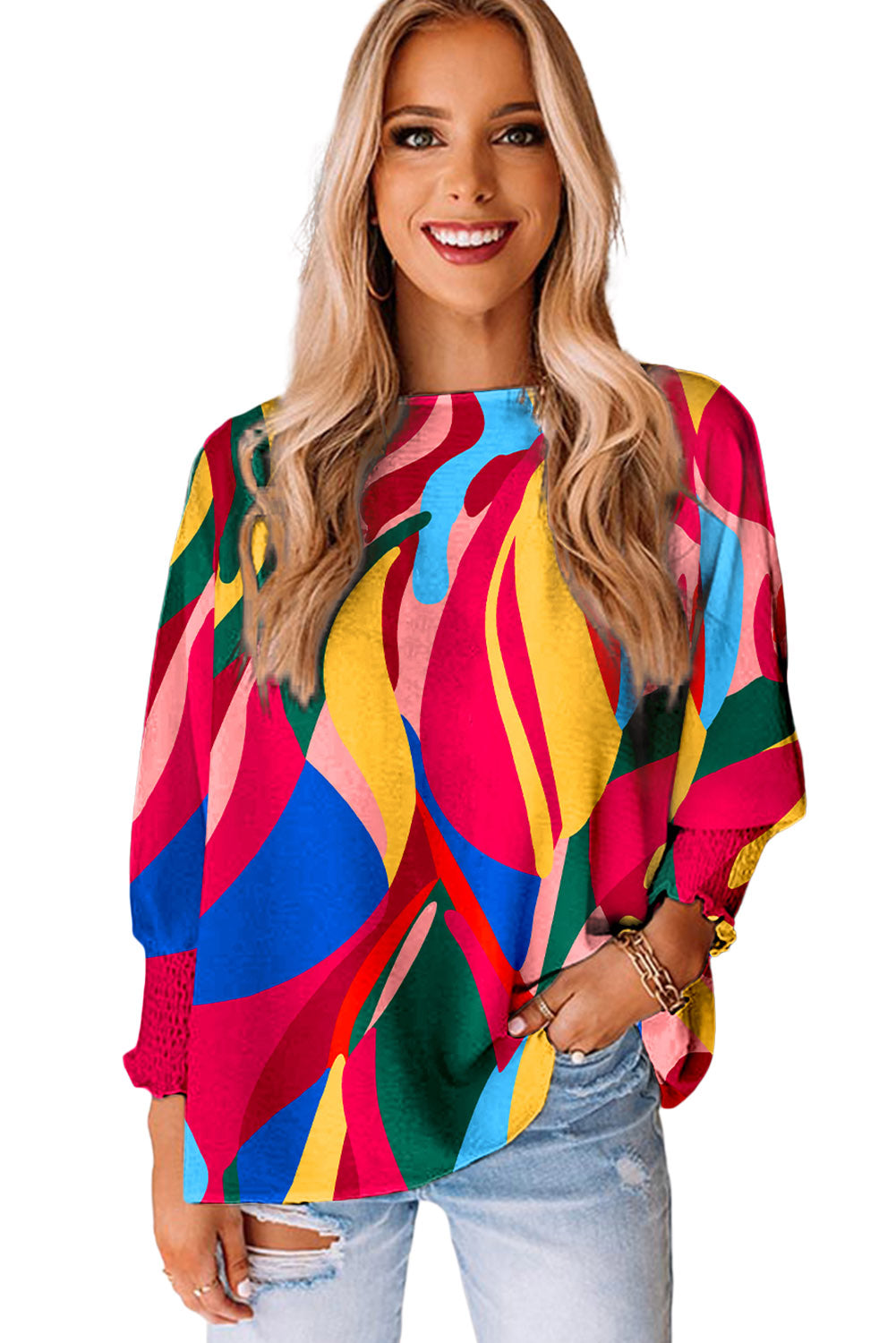 Multicolor Abstract Print Smocked Puff Sleeve Blouse - LA Grand