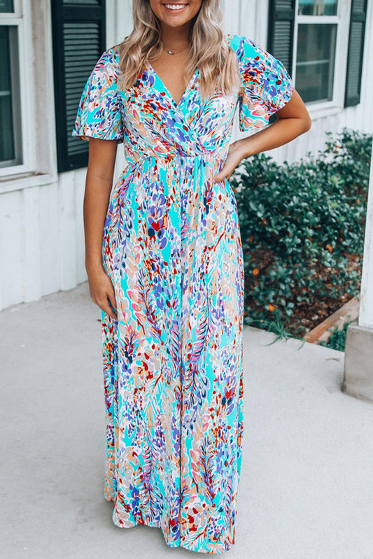 Green Wrap V Neck Floral Maxi Dress - LA Grand