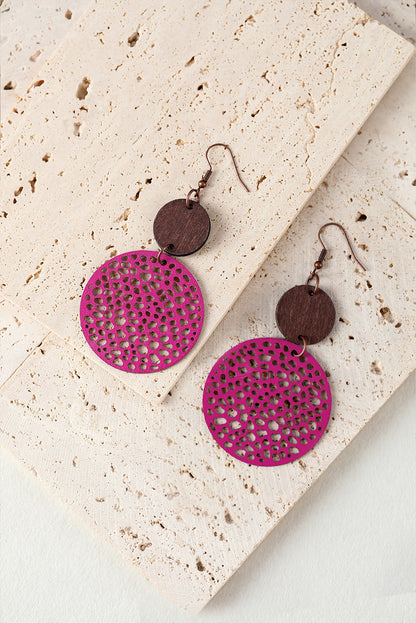 Beige Hollow Out Wooden Round Drop Earrings - LA Grand