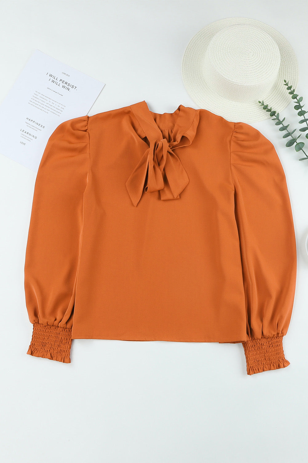 Orange Long Bubble Sleeve Mock Neck Chiffon Blouse - LA Grand