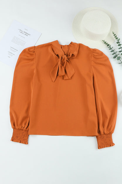 Orange Long Bubble Sleeve Mock Neck Chiffon Blouse - LA Grand