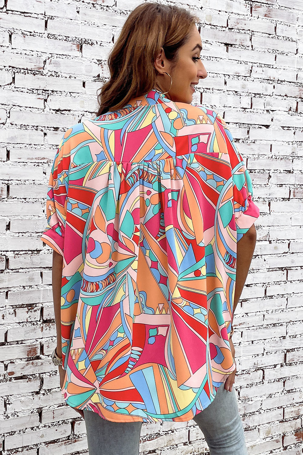 Multicolor Abstract Geometry Print Half Puff Sleeve Loose Shirt - LA Grand