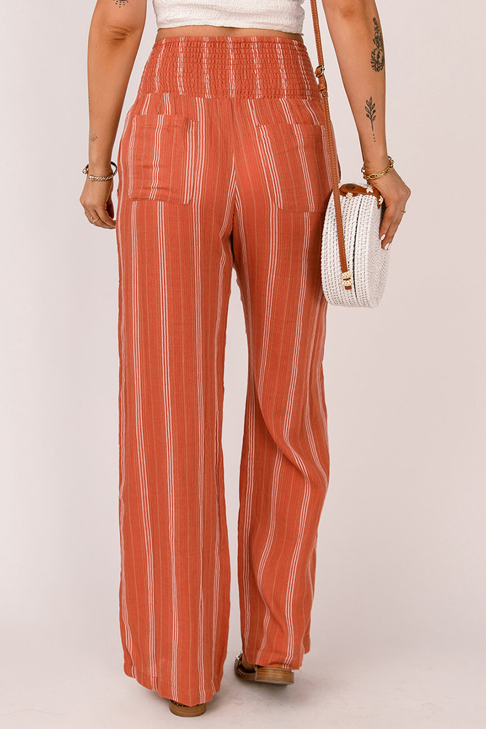 Orange Striped Shirred High Waist Straight Leg Pants - LA Grand