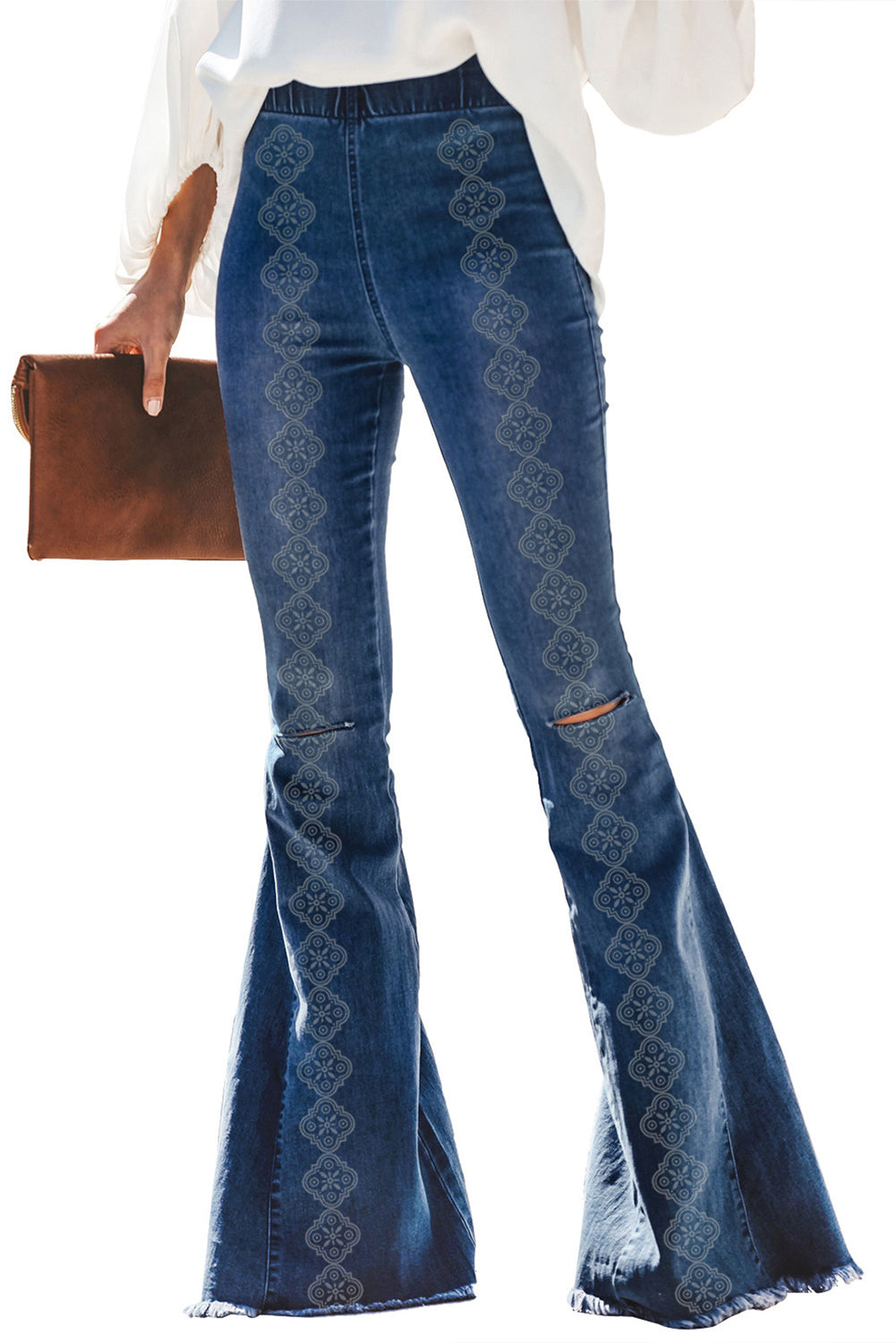 Blue Laser Burn Distressed Raw Hem Bell Bottom Jeans - LA Grand