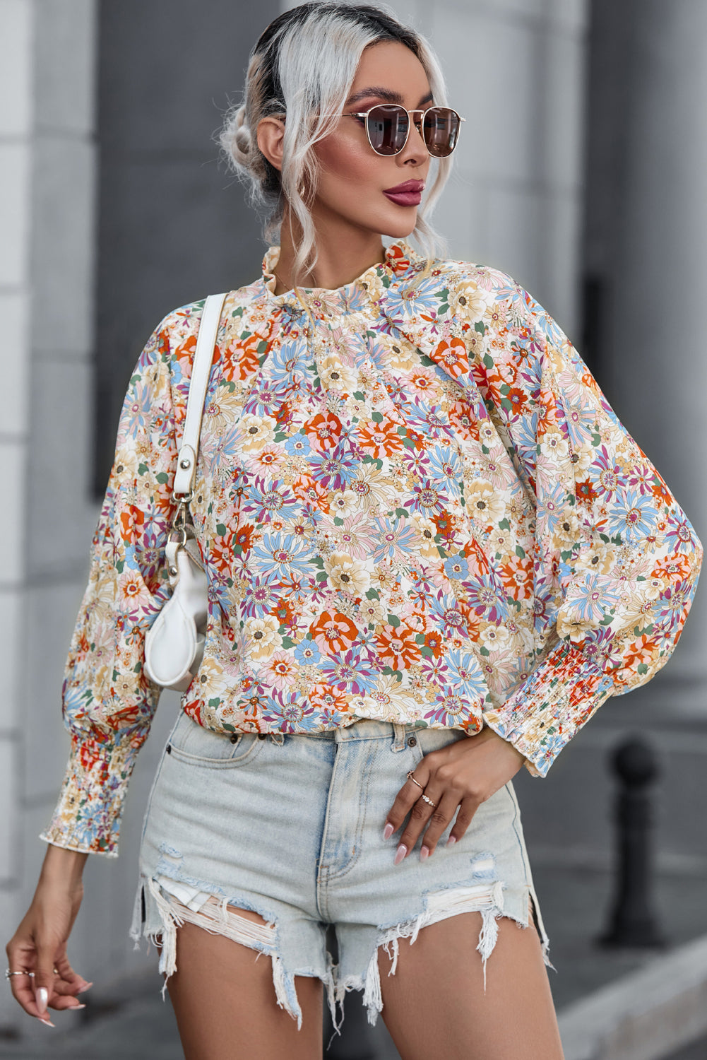 Multicolor Shirred Cuffs Bubble Sleeve Floral Blouse - LA Grand