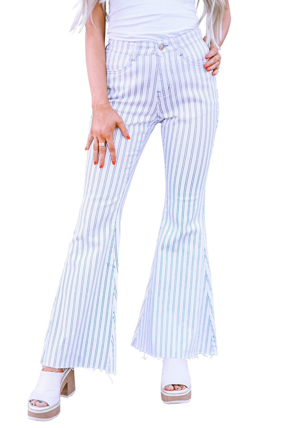 White High Waist Striped Print Flared Pants - LA Grand