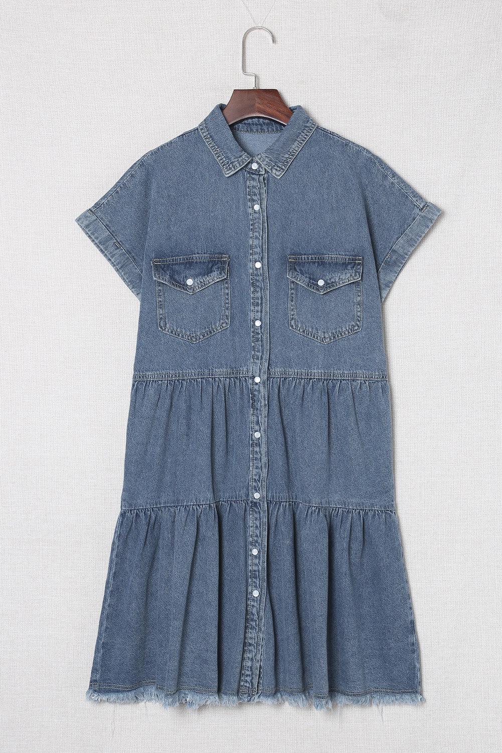 Frayed Pocket Button-Front Denim Mini Dress - LA Grand