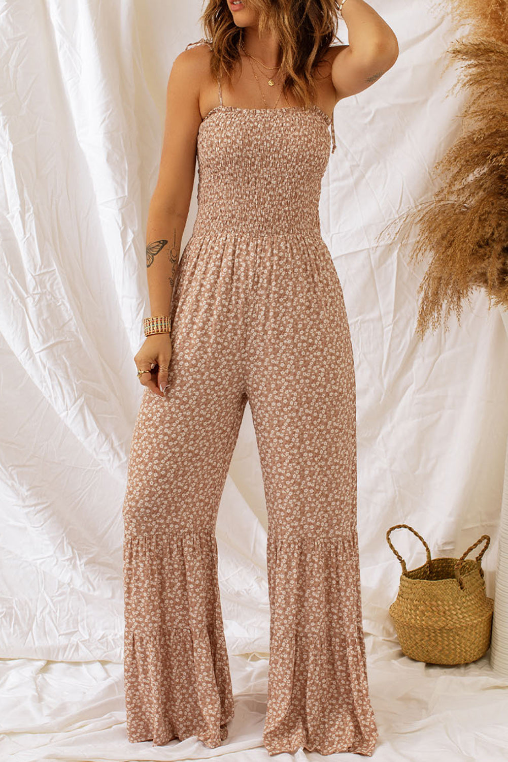 Khaki Thin Straps Smocked Bodice Wide Leg Floral Jumpsuit - LA Grand