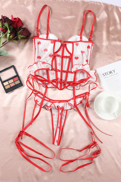 Fiery Red Heart Print Ruffled Strappy Three-piece Lingerie Set - LA Grand