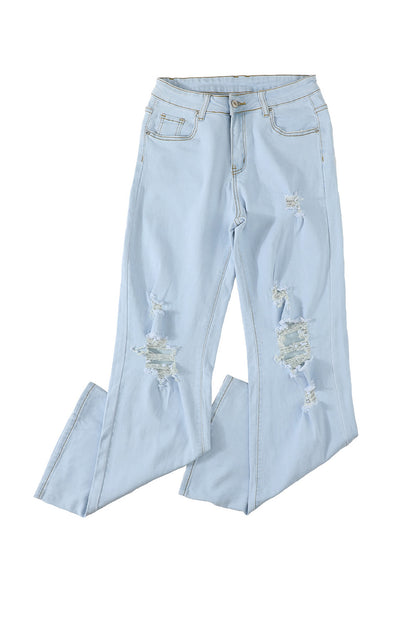 Sky Blue Washed Ripped Knee Wide Legs Jeans - LA Grand