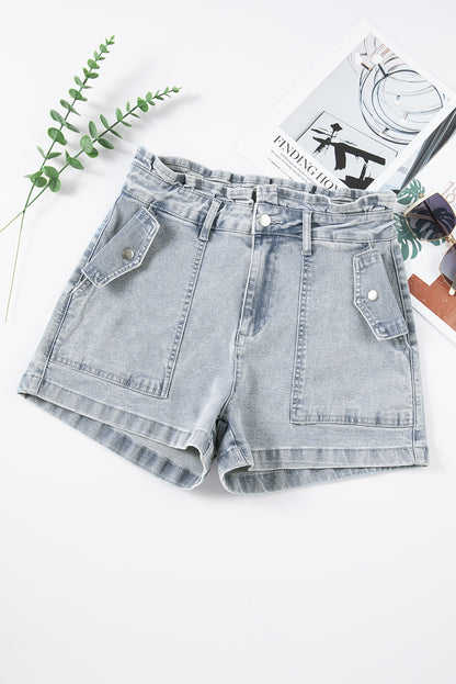 Beau Blue Ruffled High Waist Flap Pockets Denim Shorts - LA Grand