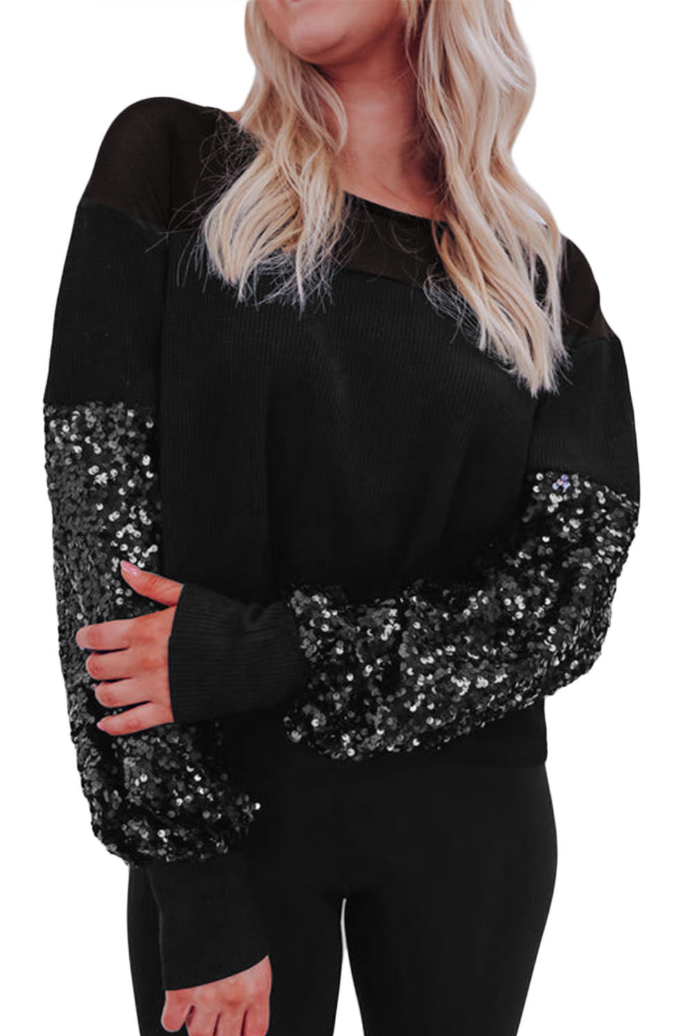 Black Sequin Patchwork Lantern Sleeve Blouse - LA Grand