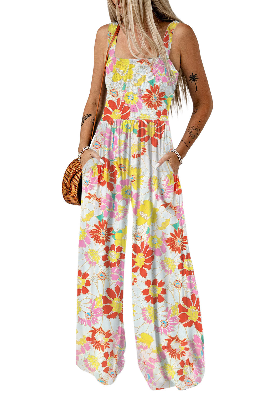 Multicolor Floral Print Shirred Sleeveless Wide Leg Jumpsuit - LA Grand