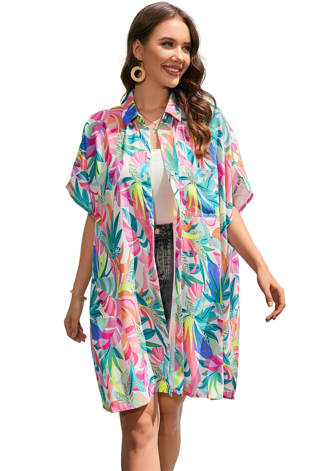 Multicolor Plant Print Button-up Half Sleeve Beach Cover Up - LA Grand