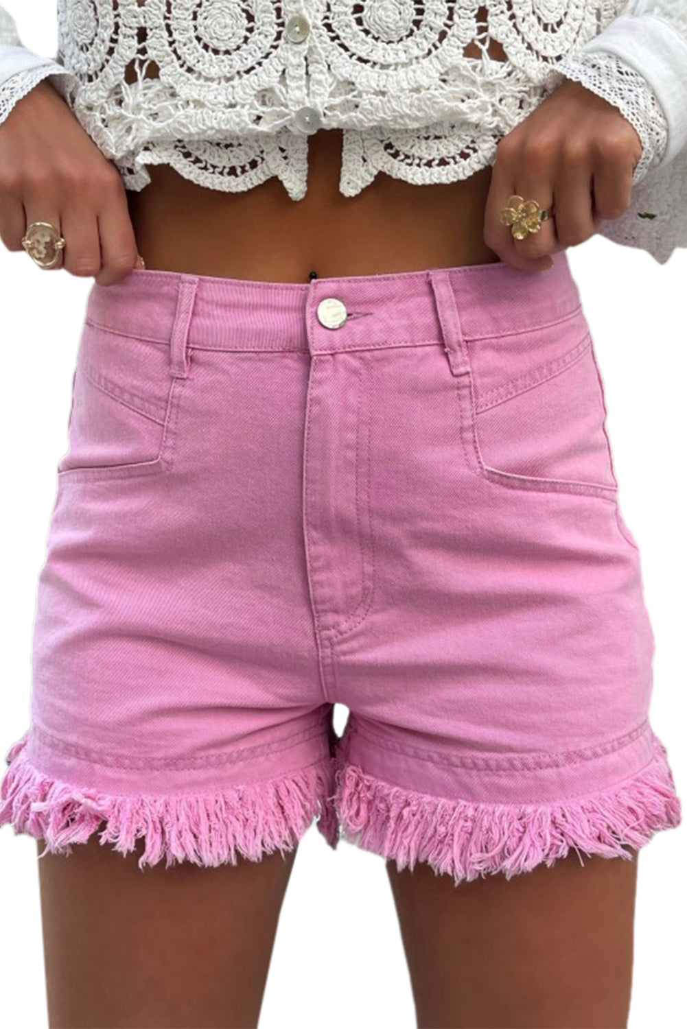 Pink Frayed Edge Mid Rise Denim Shorts - LA Grand