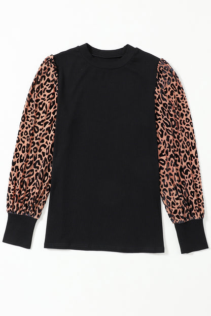 Apricot Leopard Print Long Sleeve Ribbed Knit Blouse - LA Grand