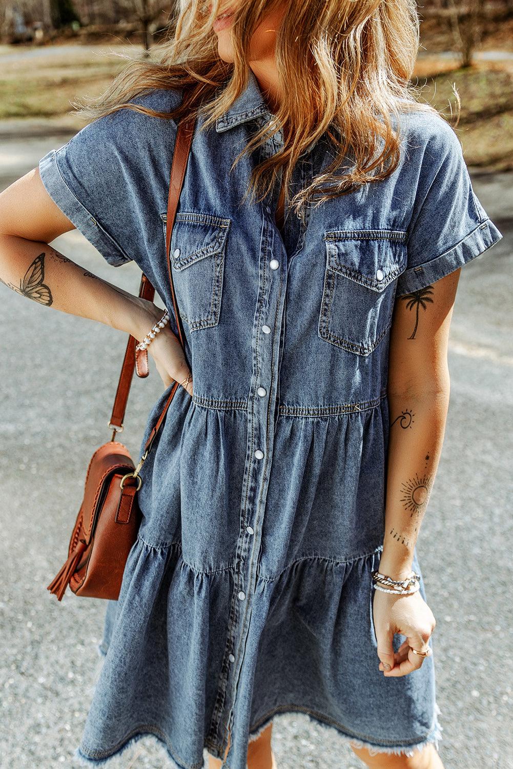 Frayed Pocket Button-Front Denim Mini Dress - LA Grand