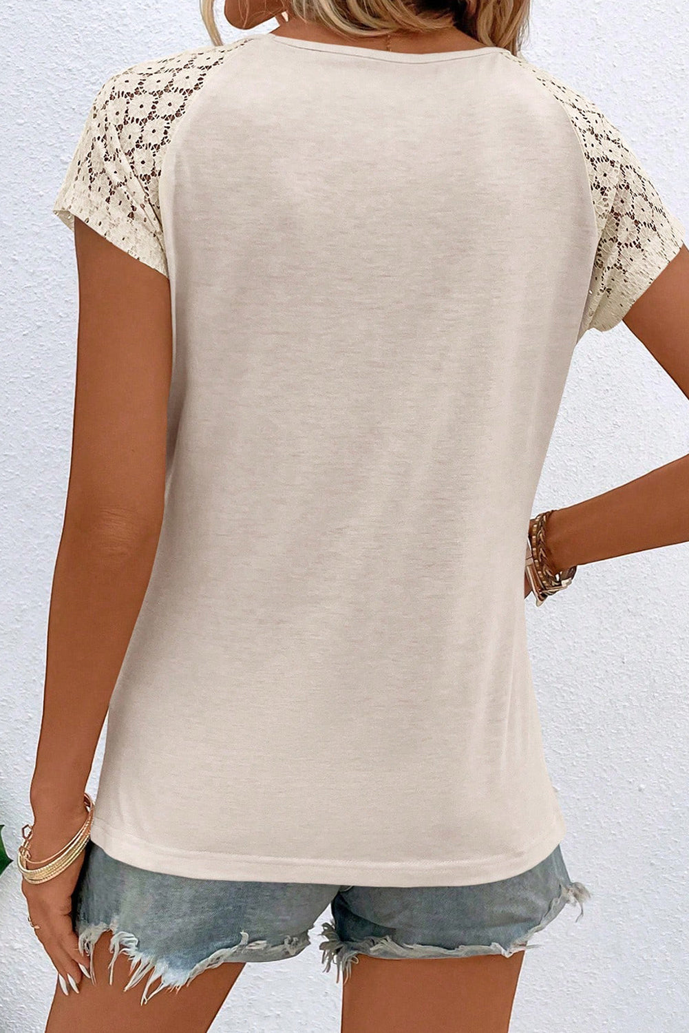 White Contrast Lace Sleeve Keyhole Decor Top - LA Grand