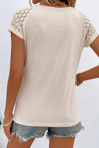 White Contrast Lace Sleeve Keyhole Decor Top - LA Grand