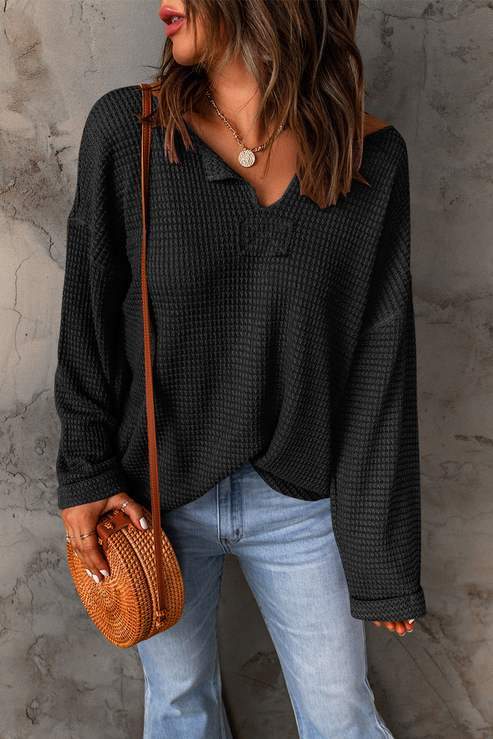 Dusk Blue Waffle Knit Loose Long Sleeve Top - LA Grand