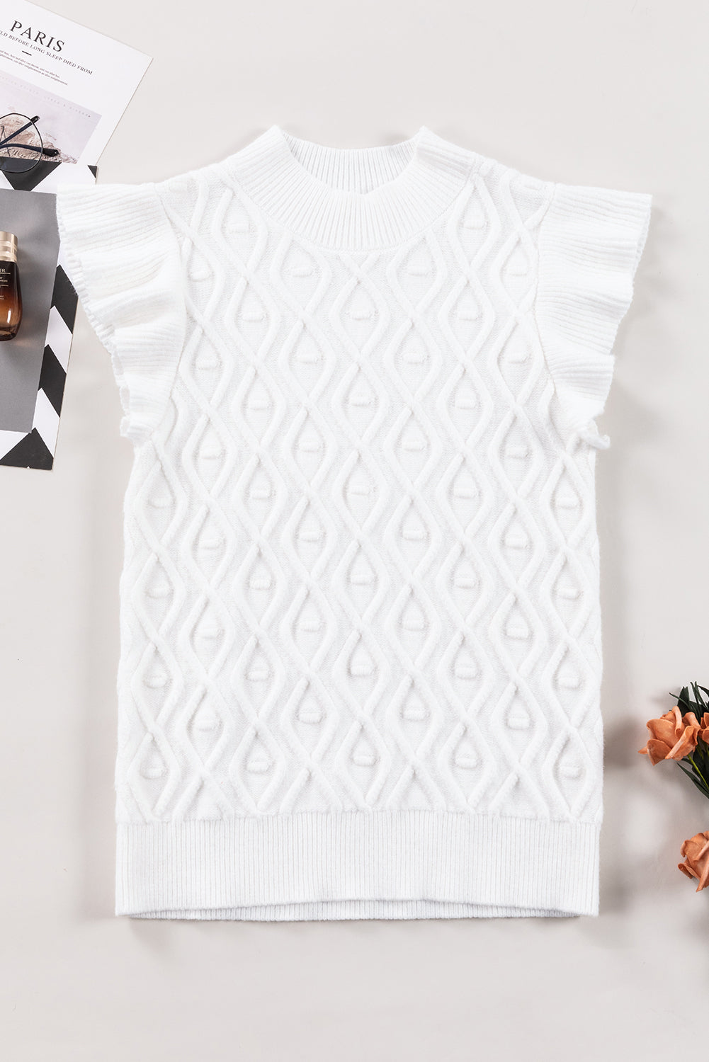 White Textured Ruffled Mock Neck Knitted Vest - LA Grand