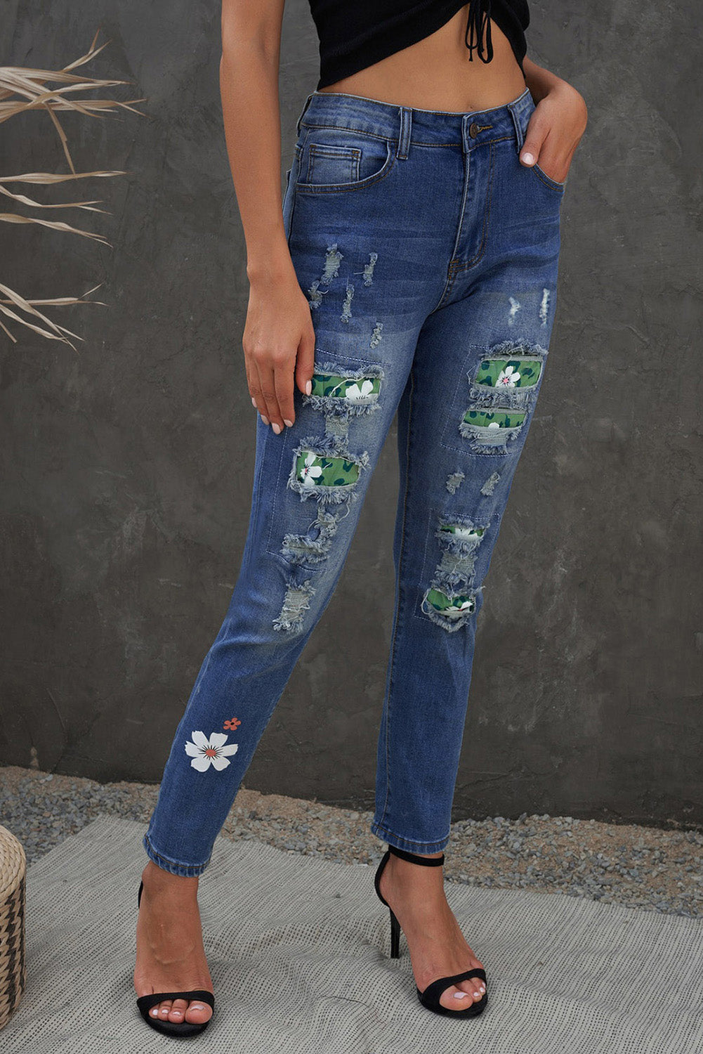 Sky Blue Floral Leopard Print Patchwork Distressed High Waist Jeans - LA Grand