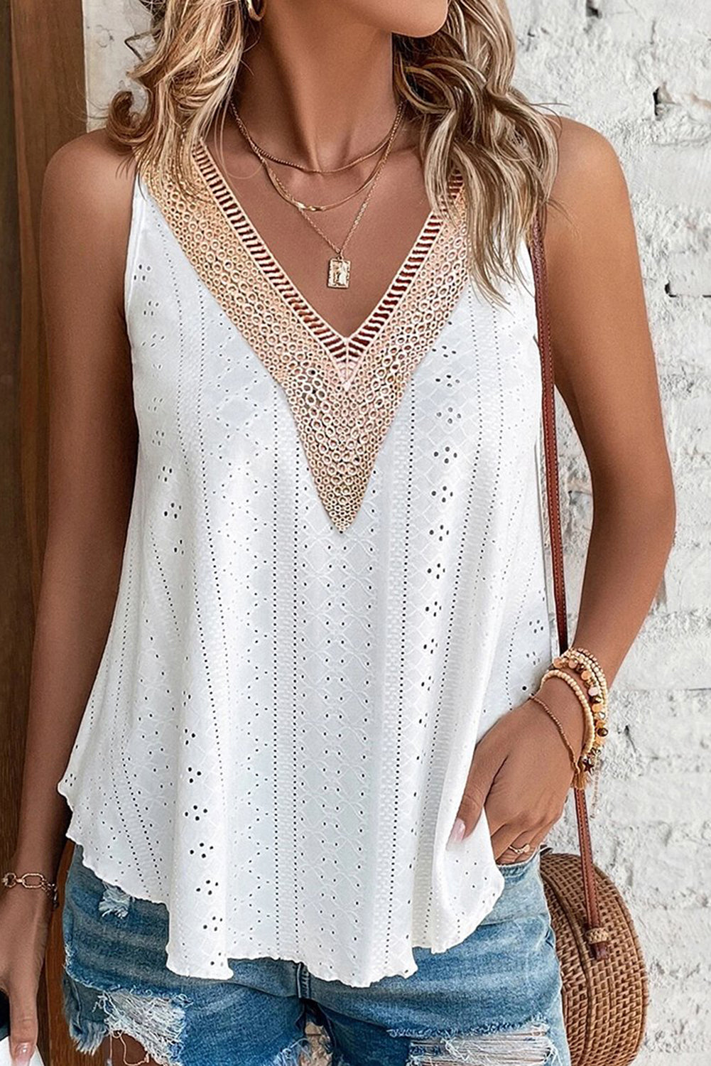 White Lace Crochet Splicing V Neck Loose Fit Tank Top - LA Grand