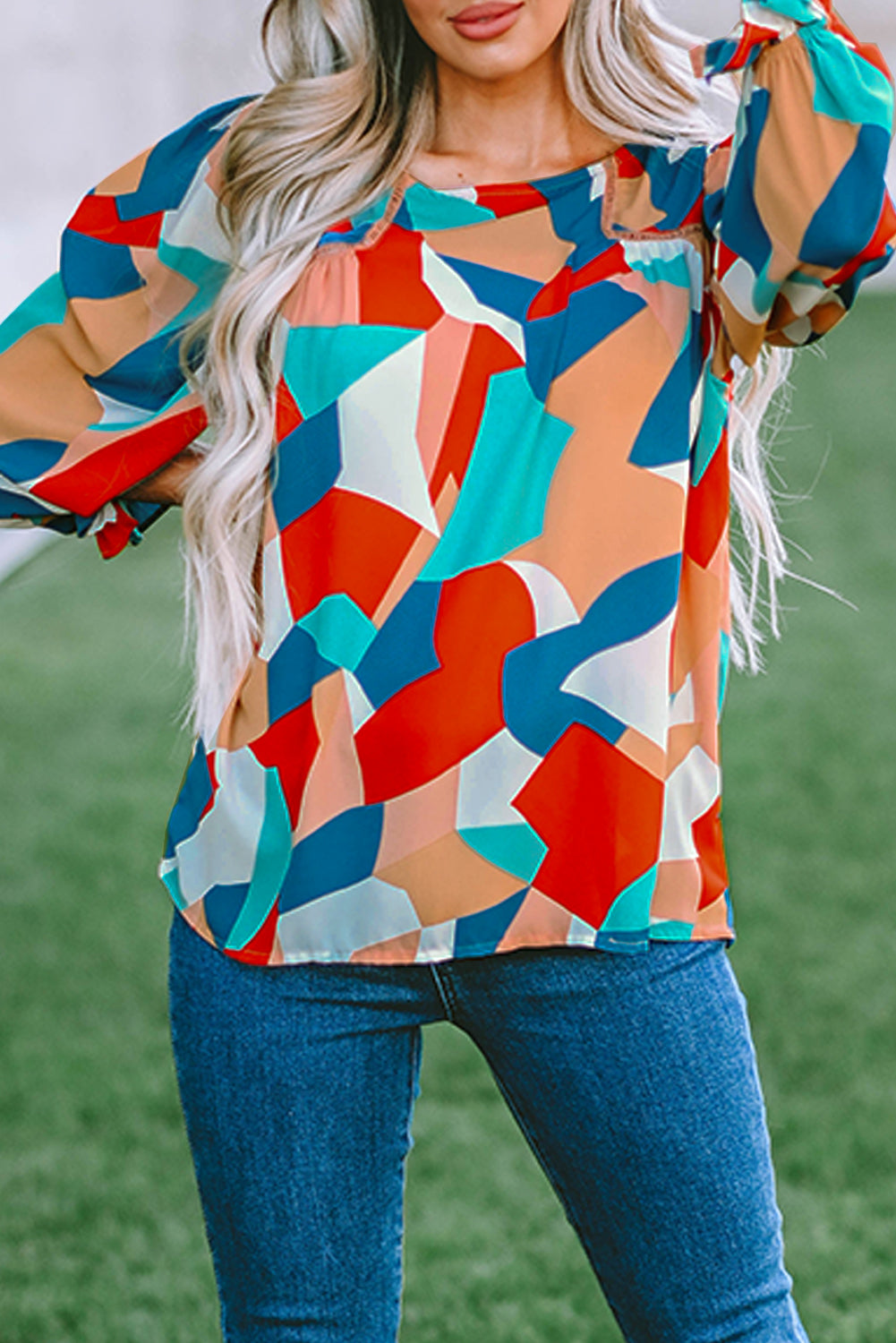 Abstract Pattern Crewneck Ruffled Puff Sleeve Blouse - LA Grand