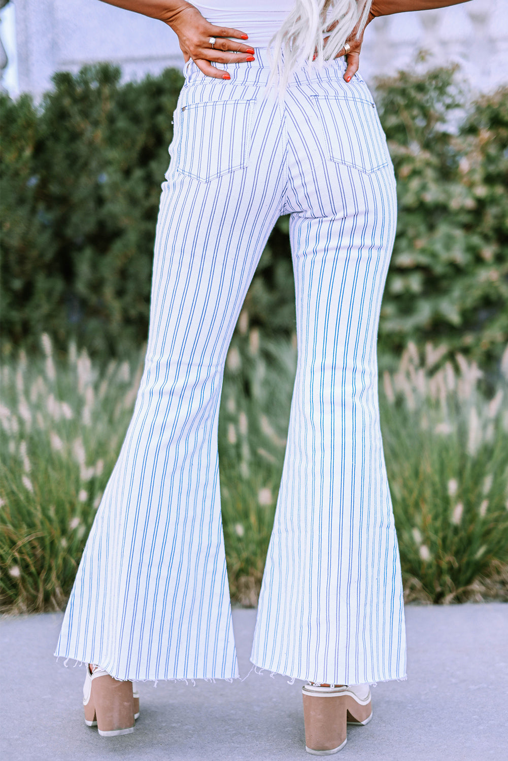 White High Waist Striped Print Flared Pants - LA Grand