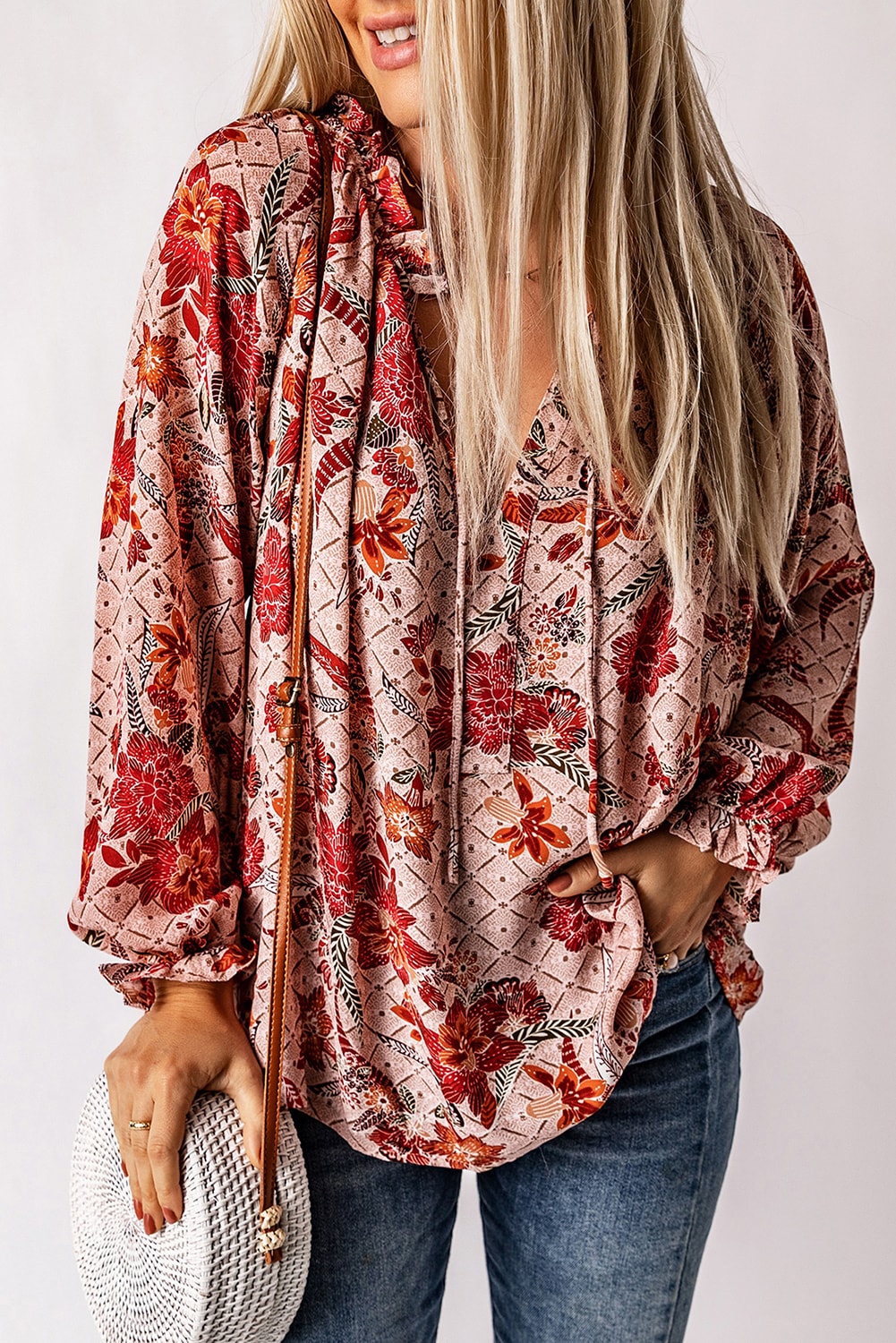 Pink Split V Neck Printed Blouse - LA Grand