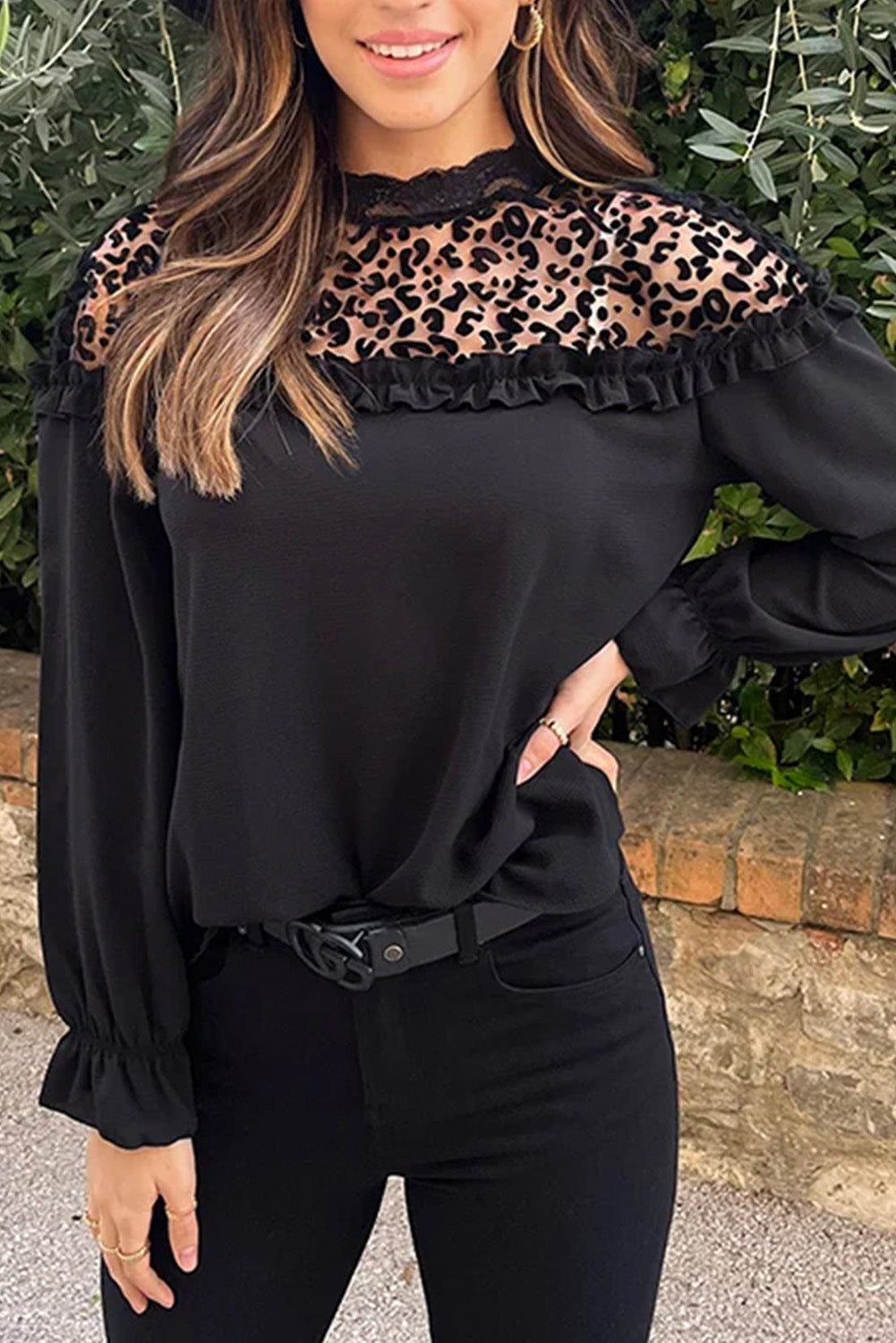 Black Leopard Mesh Splicing Ruffle Long Sleeve Blouse - LA Grand