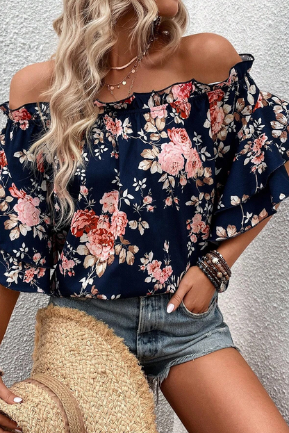 Blue Ruffle Off Shoulder Flounce Sleeve Floral Blouse - LA Grand